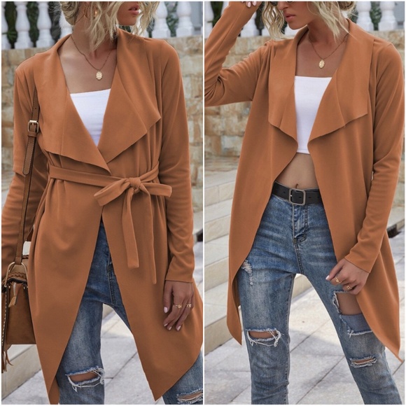 BellanBlue Jackets & Blazers - Rust vegan suede waterfall belted jacket trench